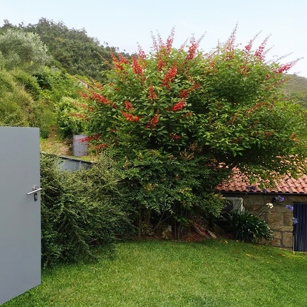 Vista exterior da Casinha I com jardim verde em Loureda, Arcos de Valdevez